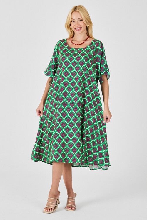 Yeşil U Yaka Kısa Kollu Midi Boy Desenli Elbise