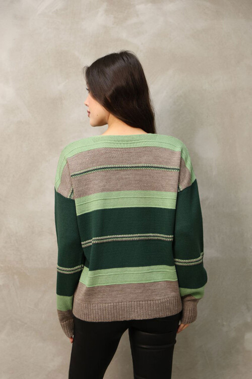 Yeşil V Yaka Çizgi Bloklu Triko Kazak BCES-252018