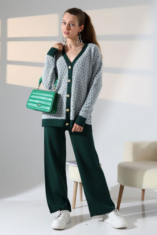 Yeşil V Yaka Düğmeli Hırka Ve Pantolon Alt Üst Triko Takım BCES-252011