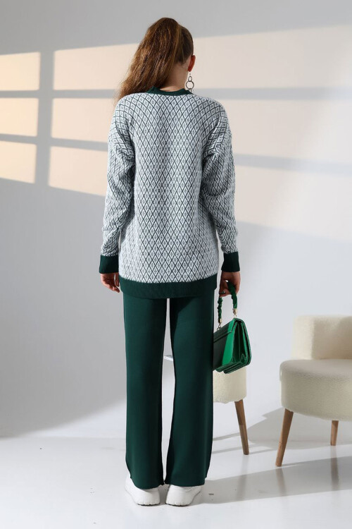 Yeşil V Yaka Düğmeli Hırka Ve Pantolon Alt Üst Triko Takım BCES-252011