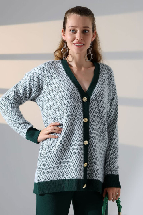 Yeşil V Yaka Düğmeli Hırka Ve Pantolon Alt Üst Triko Takım BCES-252011