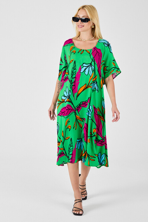 Yeşil Yaprak Desenli U Yaka Kısa Kollu Midi Boy Elbise