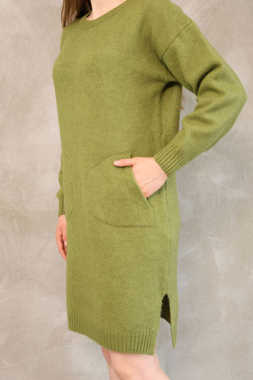 Zeytin Yeşili Çift Cepli Bisiklet Yaka Tunik Elbise BCES-252022-1