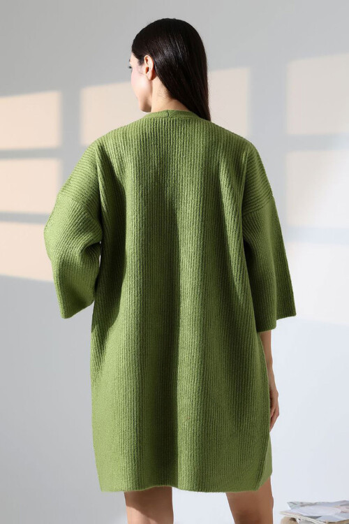 Zeytin Yeşili Çift Cepli Yarım Kol Uzun Boy Triko Hırka BCES-252019