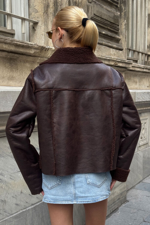 Acı Kahve Çift Cepli İçi Suni Kürklü Biker Ceket BCVL-25V217