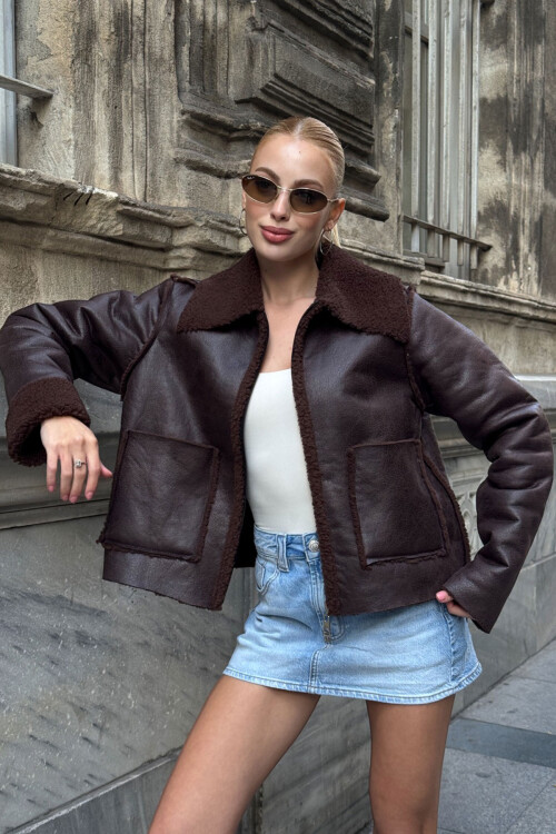 Acı Kahve Çift Cepli İçi Suni Kürklü Biker Ceket BCVL-25V217