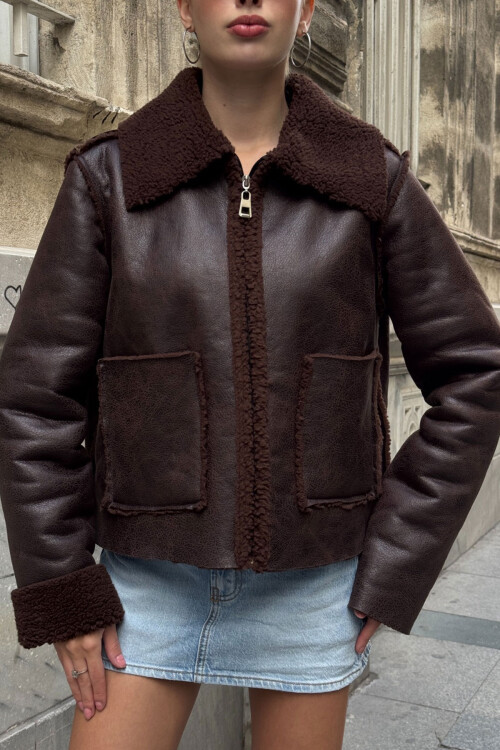 Acı Kahve Çift Cepli İçi Suni Kürklü Biker Ceket BCVL-25V217