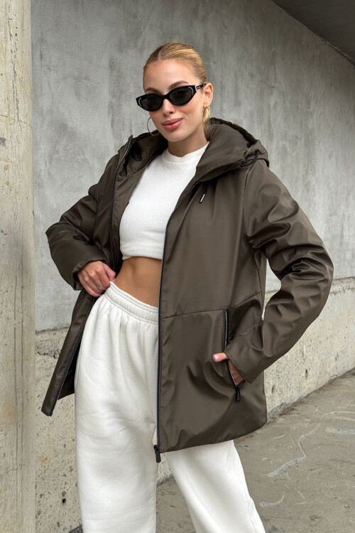 Acı Kahve Çift Cepli Kapüşonlu Mont BCVL-254204