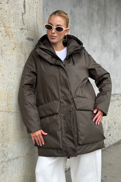 Acı Kahve Geniş Cepli Kapüşonlu Uzun Mont BCVL-254205