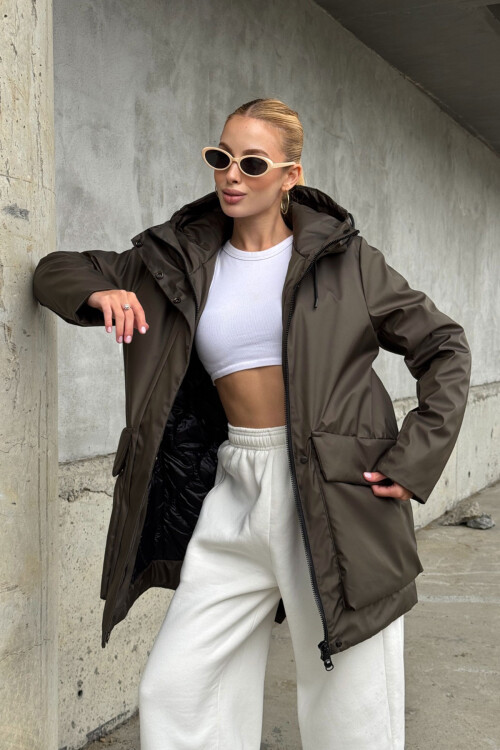 Acı Kahve Geniş Cepli Kapüşonlu Uzun Mont BCVL-254205