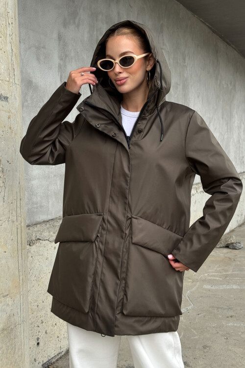 Acı Kahve Geniş Cepli Kapüşonlu Uzun Mont BCVL-254205