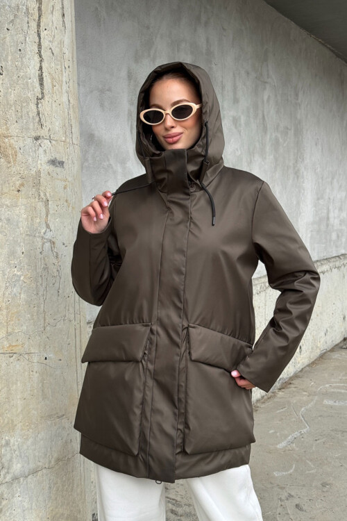 Acı Kahve Geniş Cepli Kapüşonlu Uzun Mont BCVL-254205