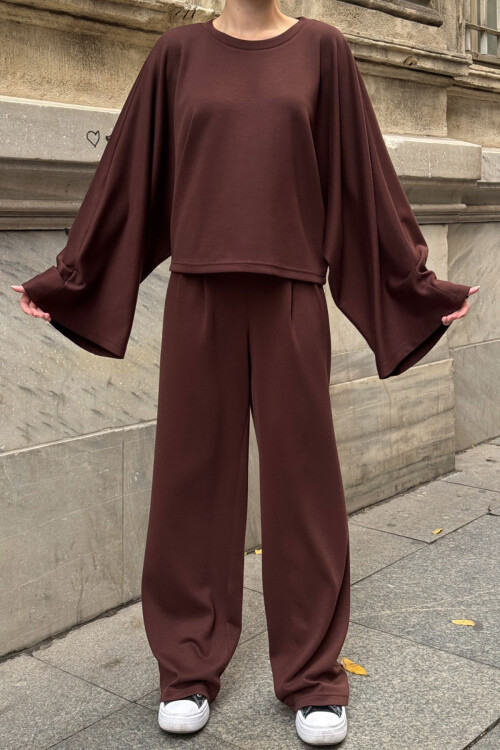 Acı Kahve Rahat Kalıp Yarasa Kol Bluz Ve Salaş Pantolon Modal Kumaş Alt Üst Takım BCVL-25V232