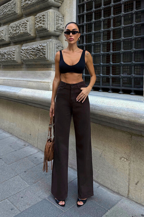 Acı Kahve Yüksek Bel İspanyol Paça Denim Pantolon
