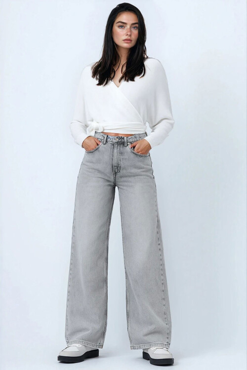 Açık Gri Yüksek Bel 5 Cepli Baggy Jean BCHNW-251207