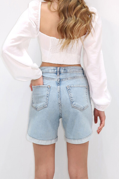 Açık Mavi Duble Paça Cepli Jean Kot Şort BCHNW-251165