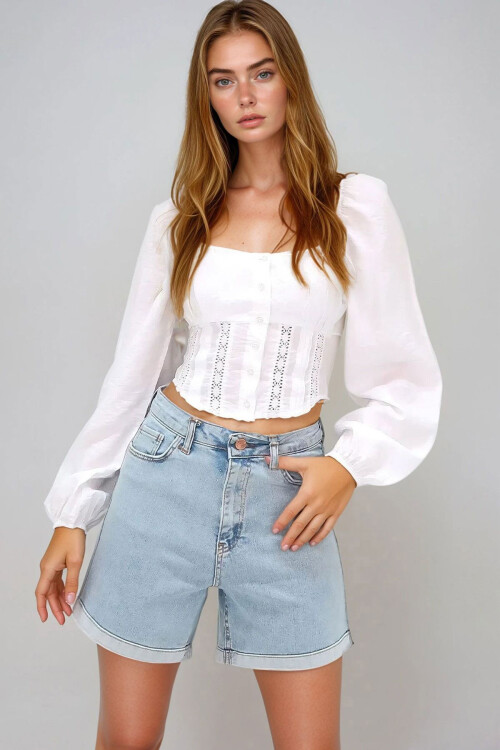 Açık Mavi Duble Paça Cepli Jean Kot Şort BCHNW-251165