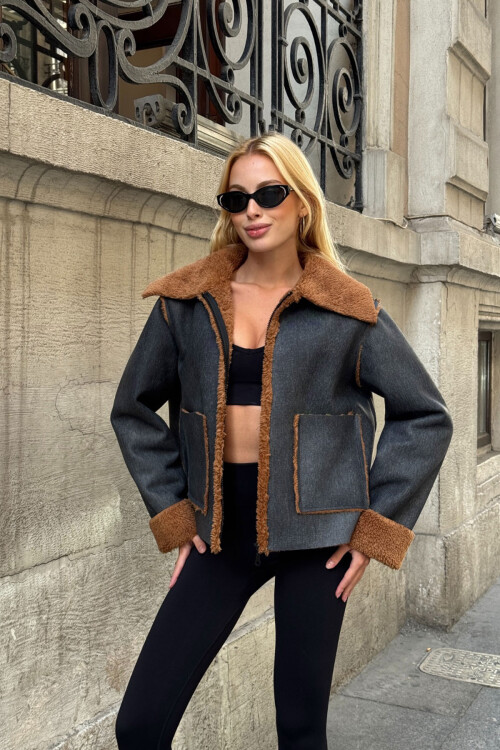 Antrasit Çift Cepli İçi Suni Kürklü Biker Ceket