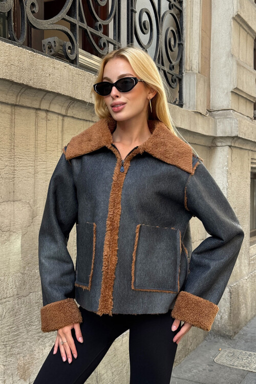 Antrasit Çift Cepli İçi Suni Kürklü Biker Ceket