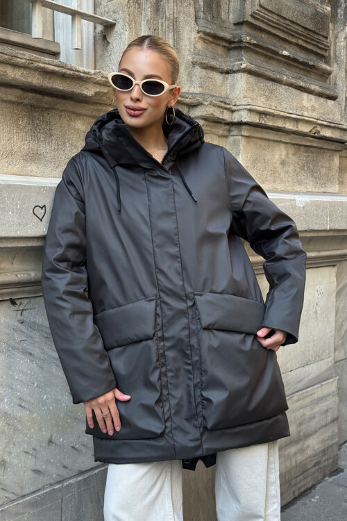 Antrasit Geniş Cepli Kapüşonlu Uzun Mont BCVL-254205