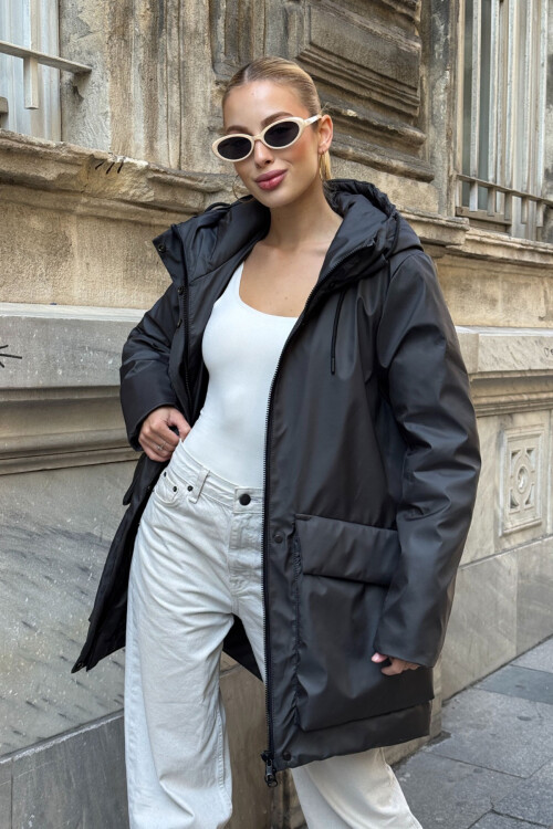 Antrasit Geniş Cepli Kapüşonlu Uzun Mont BCVL-254205