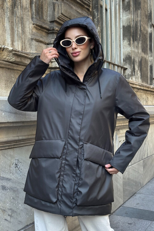 Antrasit Geniş Cepli Kapüşonlu Uzun Mont BCVL-254205