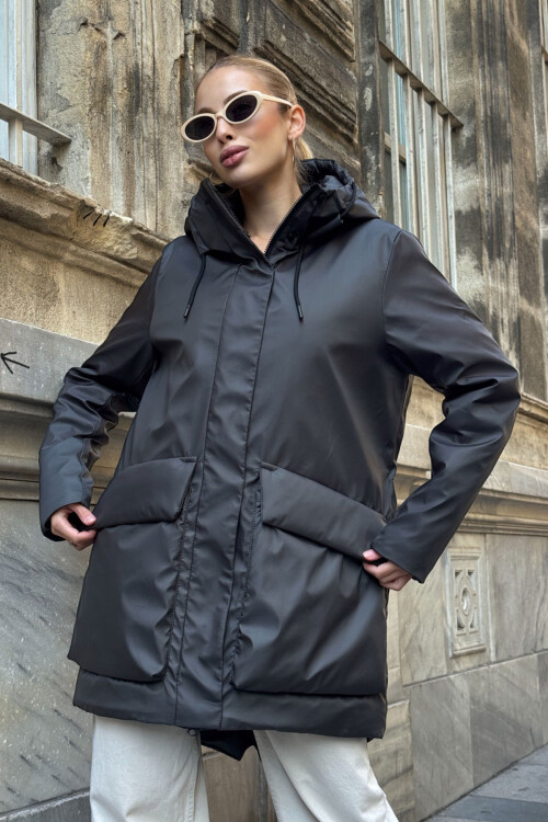 Antrasit Geniş Cepli Kapüşonlu Uzun Mont BCVL-254205