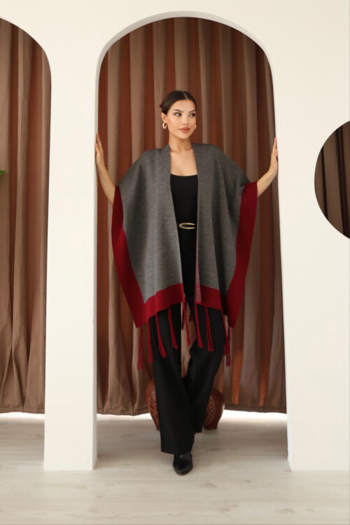 Antrasit Püsküllü Renk Bloklu Kışlık Triko Şal BCES-253005