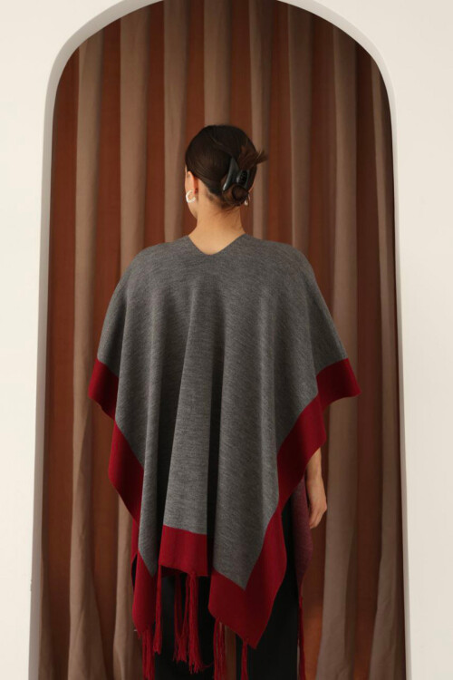 Antrasit Püsküllü Renk Bloklu Kışlık Triko Şal BCES-253005