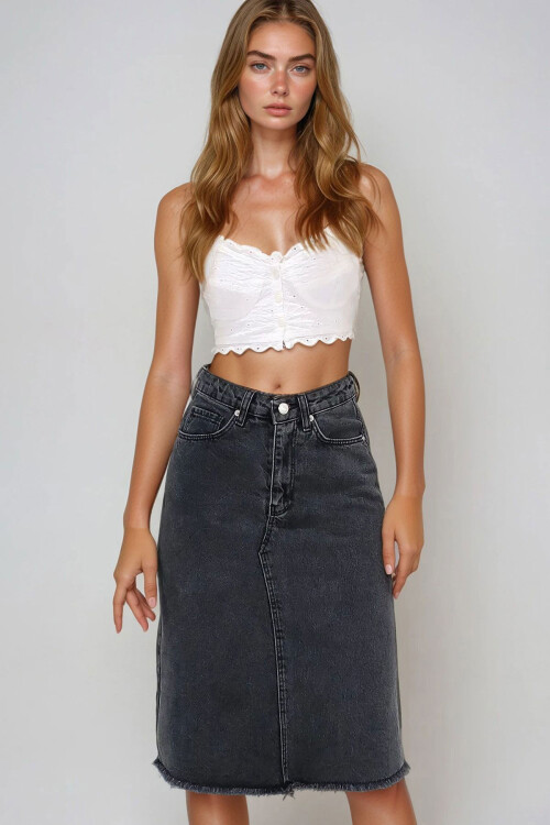 Antrasit Yüksek Bel 5 Cepli Midi Boy Jean Etek BCHNW-251181