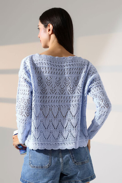 Bebe Mavi Bisiklet Yaka Dantel Motifli Triko Kazak BCES-252043