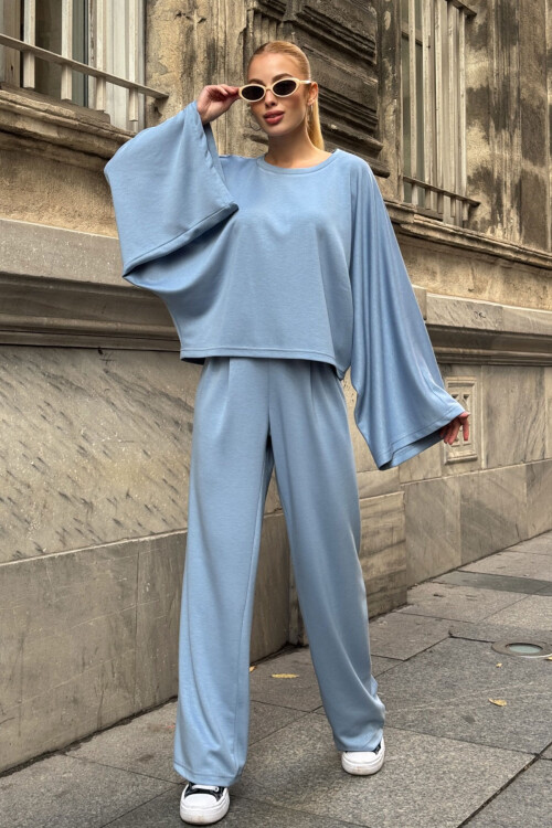 Bebe Mavi Rahat Kalıp Yarasa Kol Bluz Ve Salaş Pantolon Modal Kumaş Alt Üst Takım BCVL-25V232