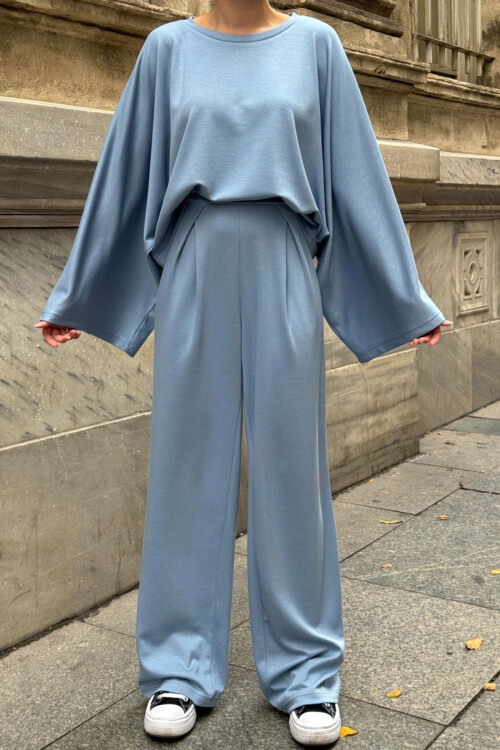 Bebe Mavi Rahat Kalıp Yarasa Kol Bluz Ve Salaş Pantolon Modal Kumaş Alt Üst Takım BCVL-25V232