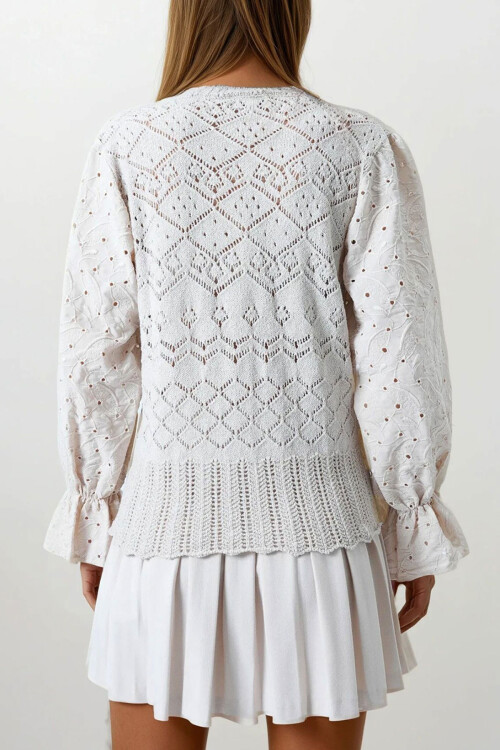 Bej Ajurlu Triko Brode Kol Düğmeli Hırka BCHESQ-251157