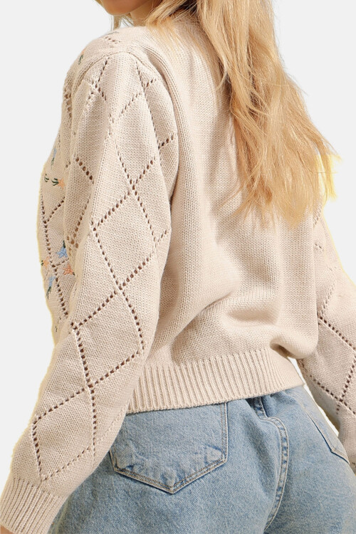 Bej Baklava Desenli Çiçek Nakışlı Triko Hırka BCHESQ-251097