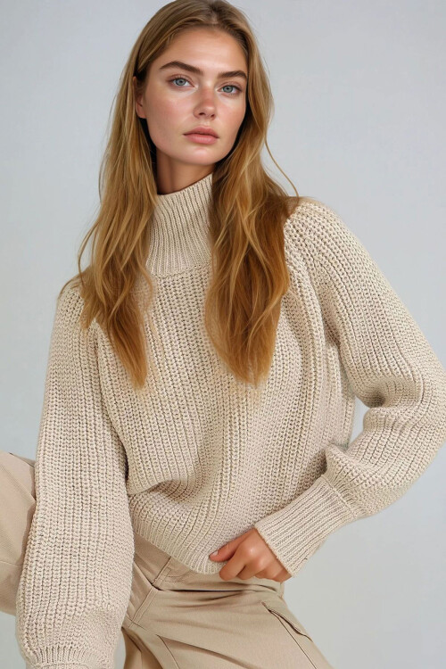 Bej Balıkçı Yaka Balon Kollu Selanik Örgü Kalın Kazak BCHESQ-251109