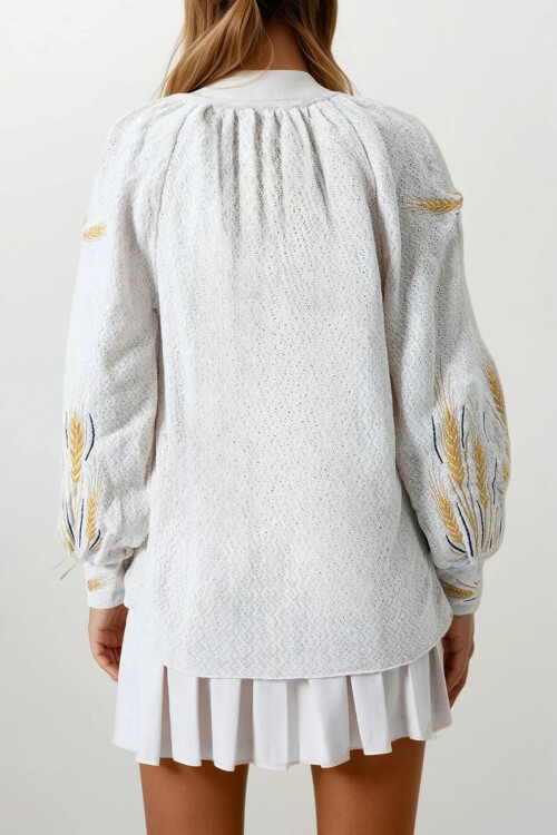 Bej Başak Nakışlı Bağcıklı Püskül Detaylı Bohem Bluz BCHESQ-251159