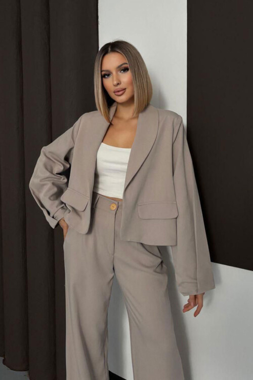 Bej Çift Cep Kapaklı Ceket Ve Palazzo Pantolon Dokuma Alt Üst Takım BCHN-254002