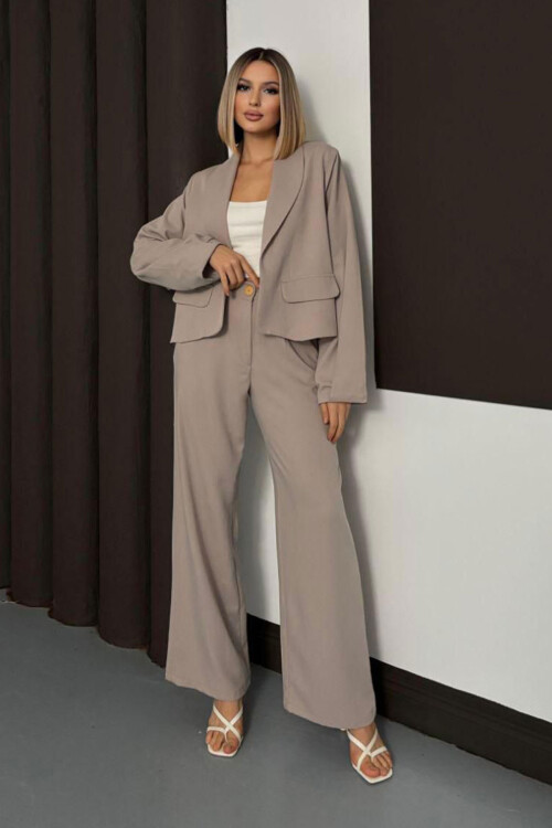 Bej Çift Cep Kapaklı Ceket Ve Palazzo Pantolon Dokuma Alt Üst Takım BCHN-254002