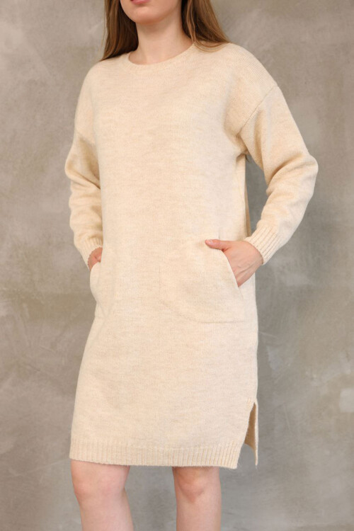 Bej Çift Cepli Bisiklet Yaka Tunik Elbise BCES-252022-1