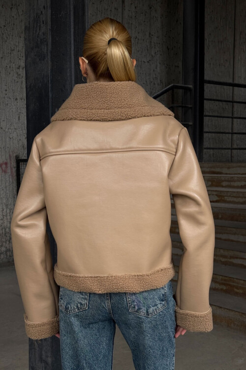 Bej Çift Cepli İçi Suni Kürklü Suni Deri Biker Mont Ceket BCVL-25V700