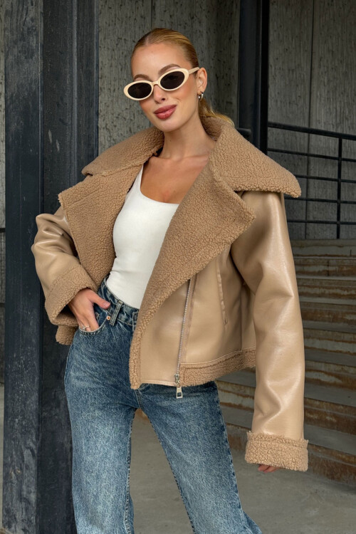 Bej Çift Cepli İçi Suni Kürklü Suni Deri Biker Mont Ceket BCVL-25V700
