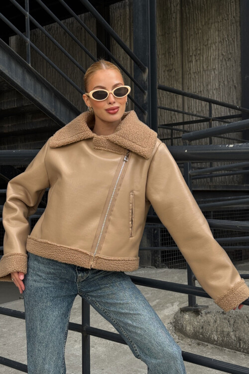 Bej Çift Cepli İçi Suni Kürklü Suni Deri Biker Mont Ceket BCVL-25V700