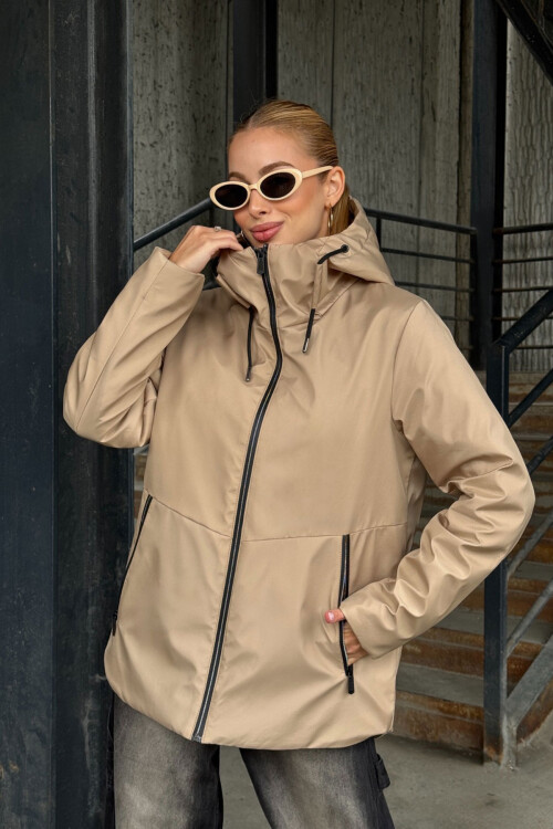 Bej Çift Cepli Kapüşonlu Mont BCVL-254204