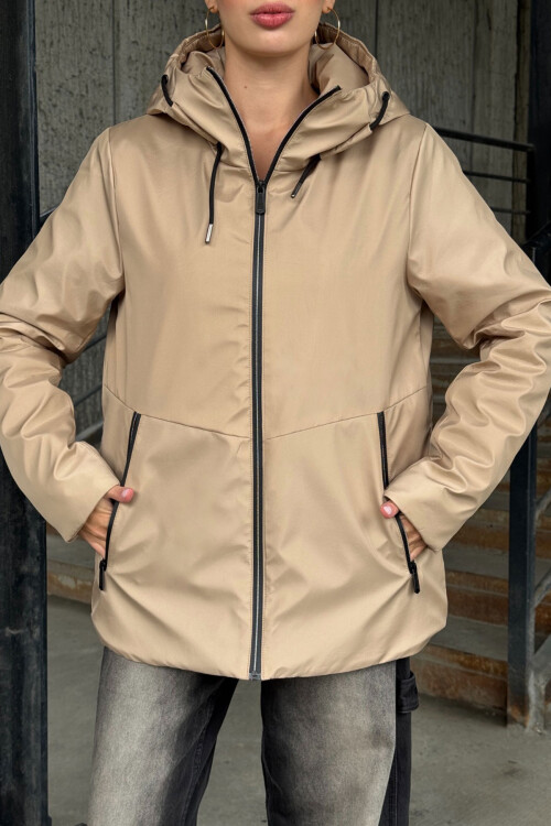 Bej Çift Cepli Kapüşonlu Mont BCVL-254204