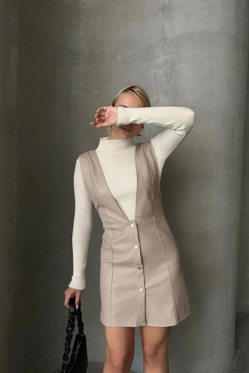 Bej Düğme Detaylı Suni Deri Jile Elbise BCHN-2526796