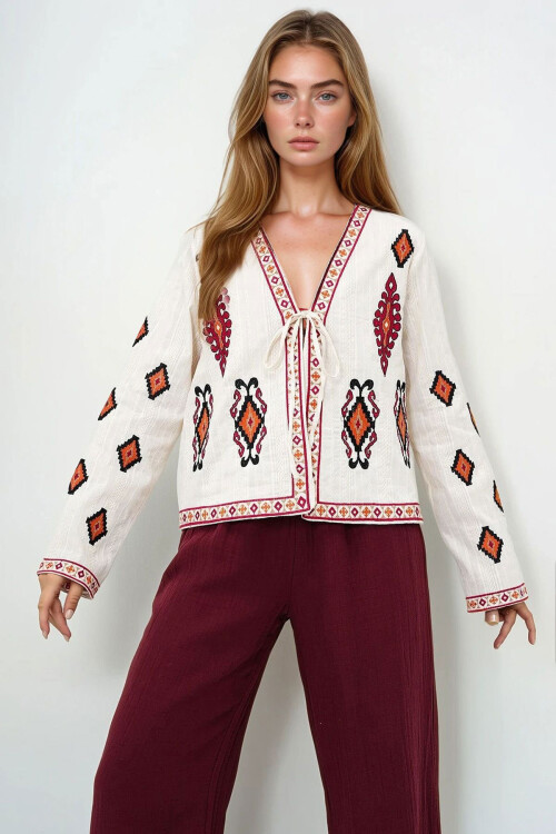 Bej Etnik Desenli Önden Bağlamalı Yazlık Keten Ceket BCHESQ-251075