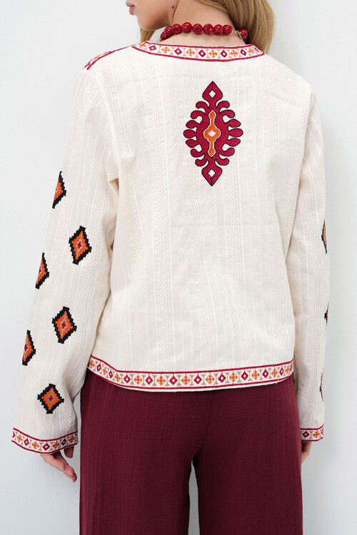 Bej Etnik Desenli Önden Bağlamalı Yazlık Keten Ceket BCHESQ-251075