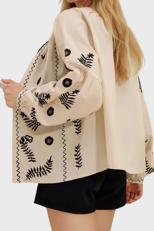 Bej Hakim Yaka Çiçek Desenli Nakış İşlemeli Keten Ceket BCHESQ-251096