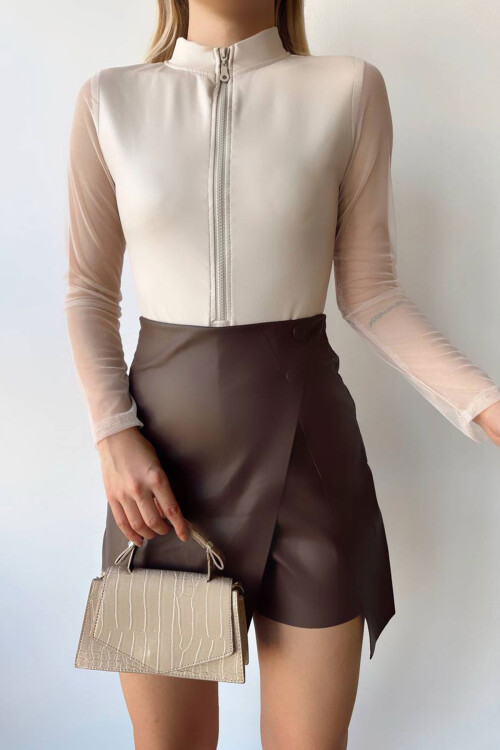 Bej Kolları Tül Detaylı Fermuarlı Çıtçıtlı Bluz BCHN-2526260